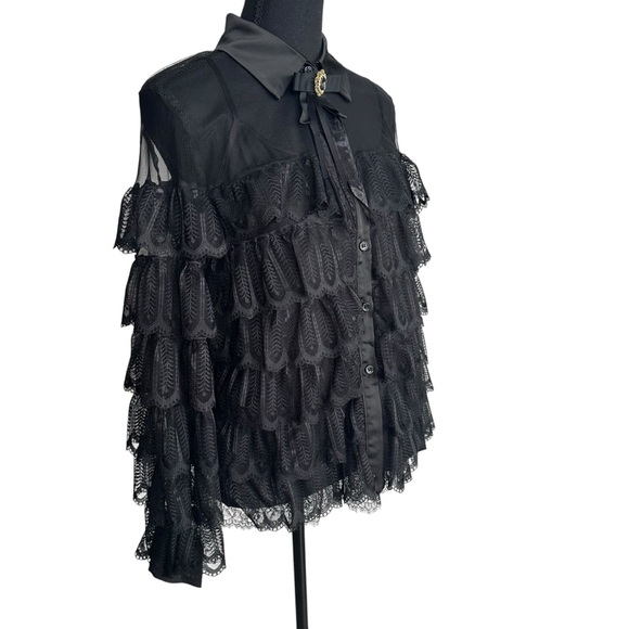 🖤Victorian Gothic Lace Ruffle Blouse | Sheer Black Romantic Tiered Top Size M - Picture 5 of 14